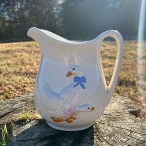 Charming White Goose Pitcher with Blue and Pink Accents